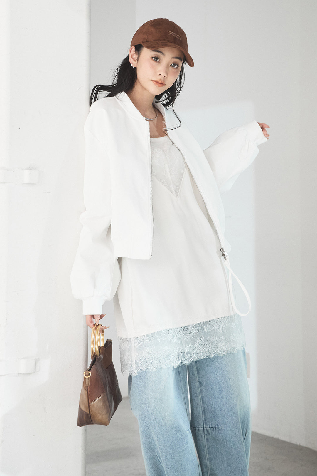 [SET]袖ギャザーデザインブルゾン+デニムアシメカーブパンツ(2set)