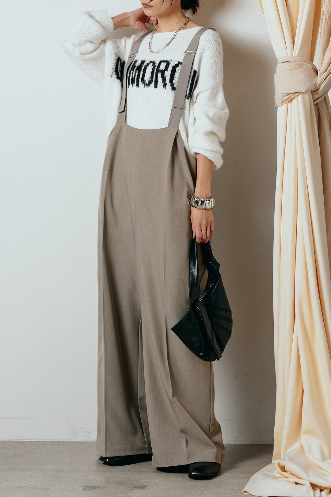 [SET]フロントロゴデザインニットトップス+ワイドツイルサロペット(2set)