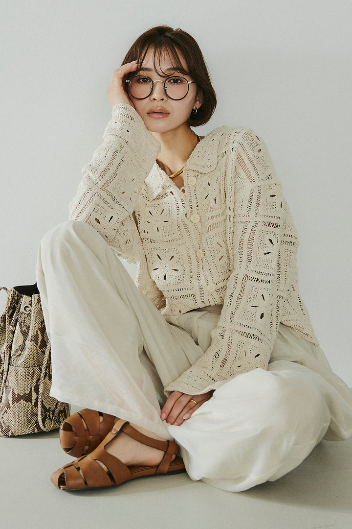 [SET]鍵編みフラワーレースカーディガン+オーガンジータックパンツ(2set)