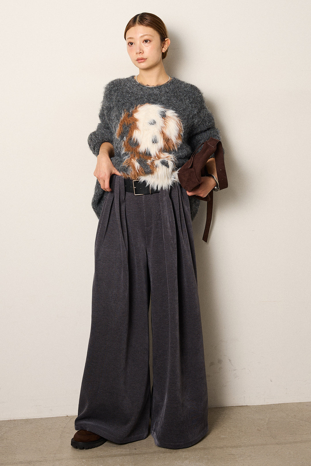 [SET]シャギーニュアンスアニマルニット+ベルトループコーデュロイワイドパンツ(2set)