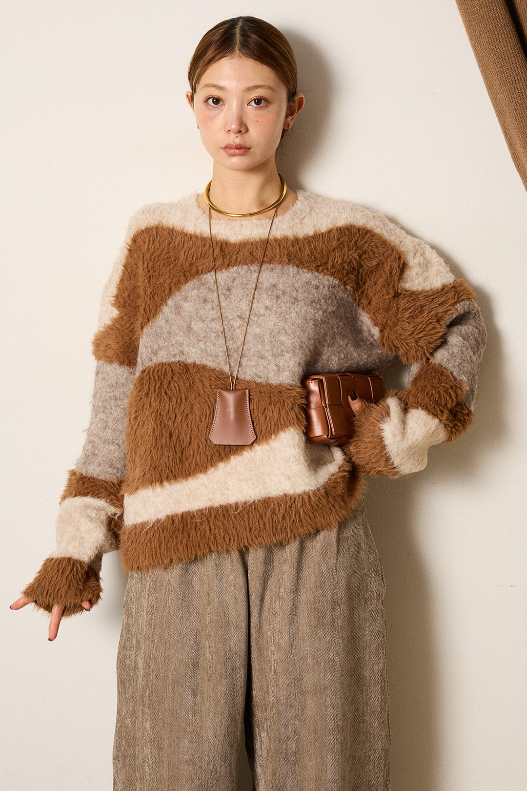 [SET]シャギーウェーブ柄クルーネックニットトップス+かすれデザインワイドパンツ(2set)