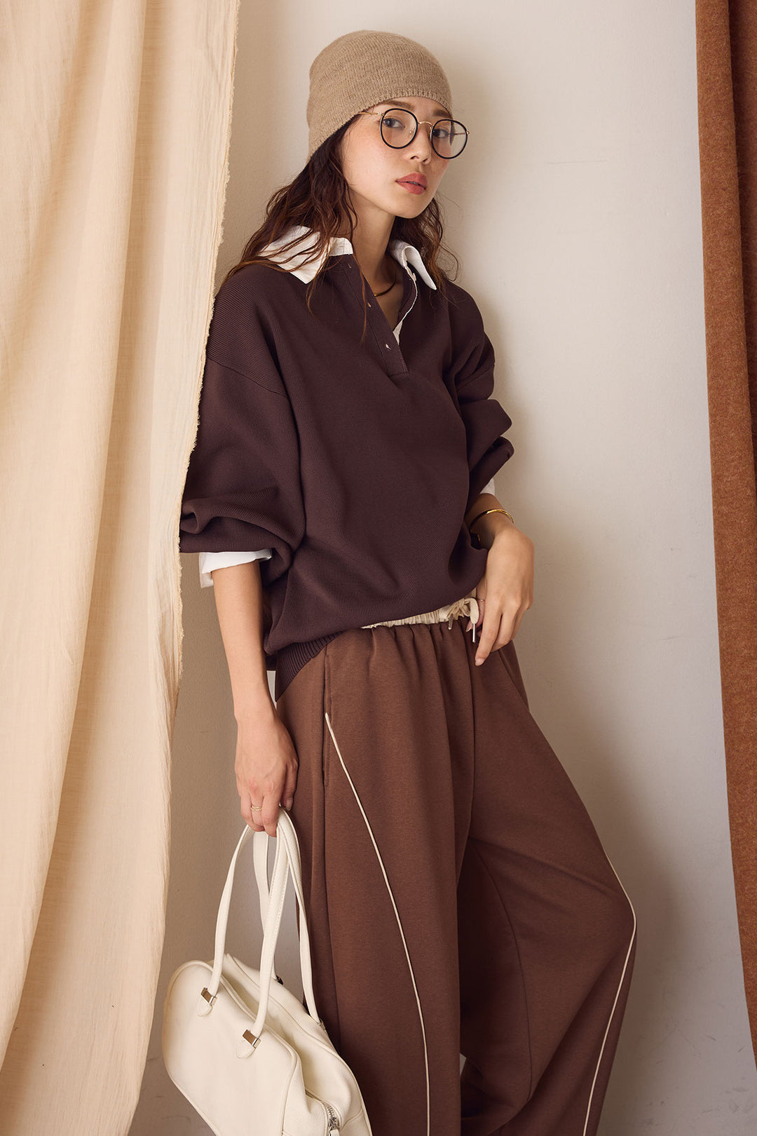 【即納】襟付きポロトップス/ブラウン