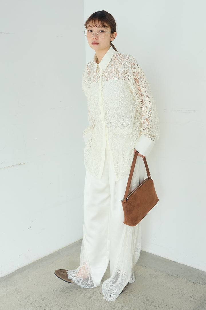 [SET]刺繍レースオーバーサイズシャツ+サテンレース切り替えタックパンツ(2set)