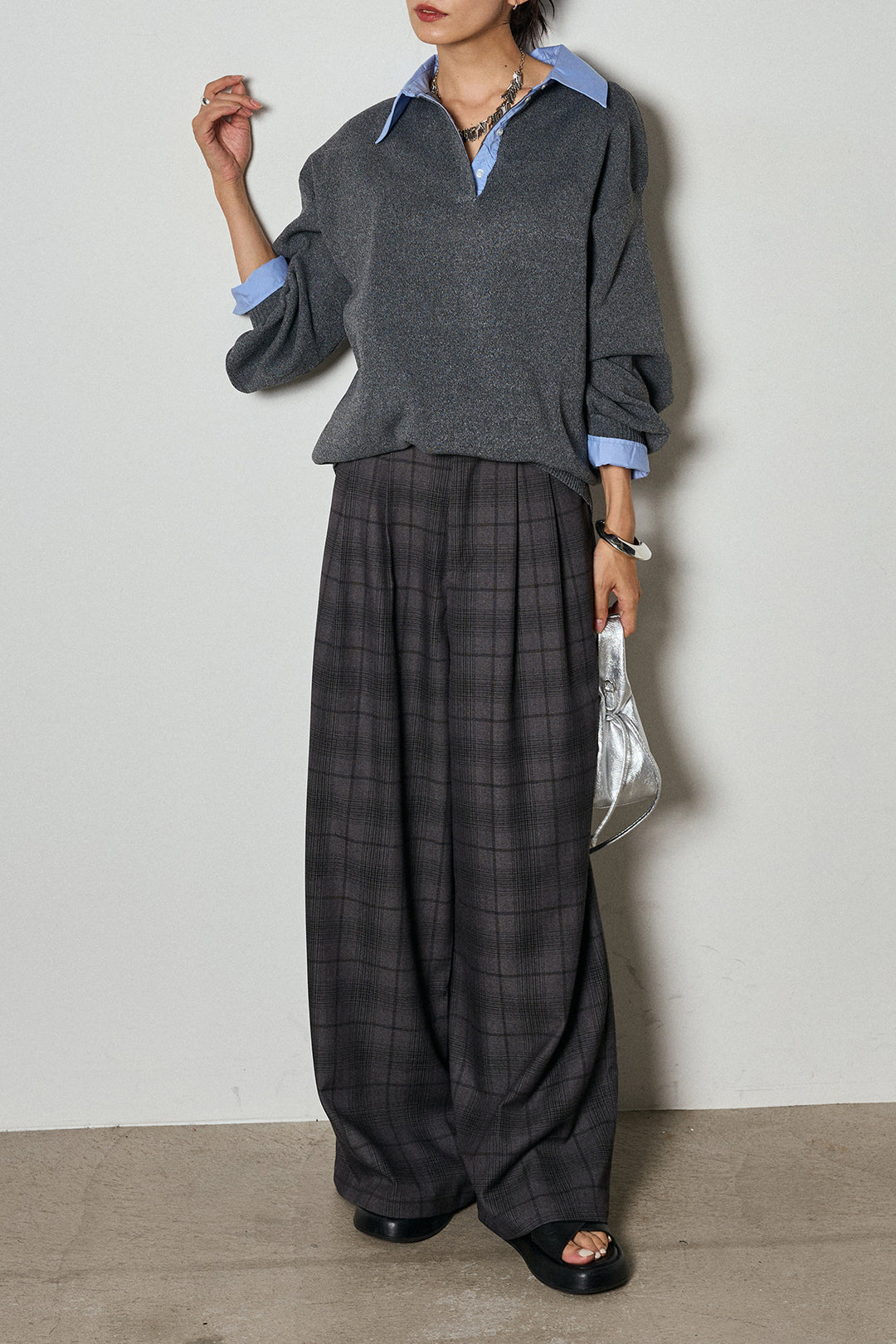 【即納】タック入りタータンチェックワイドパンツ