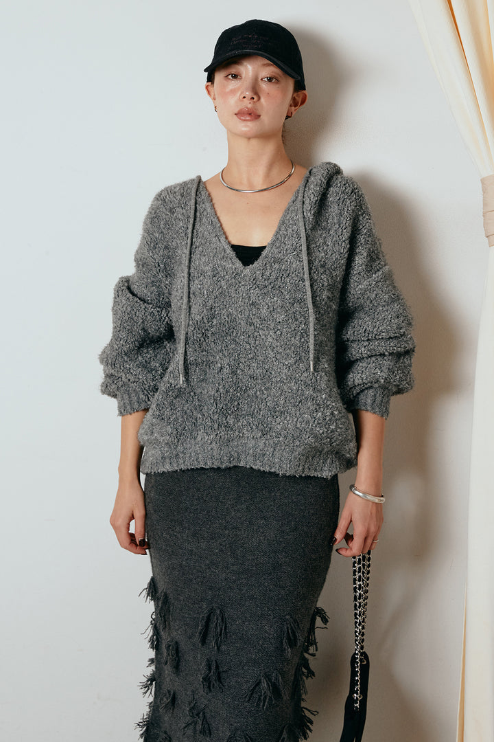 [SET]ブークレキーネックプルオーバー+ポイントフリンジニットナロースカート(2set)