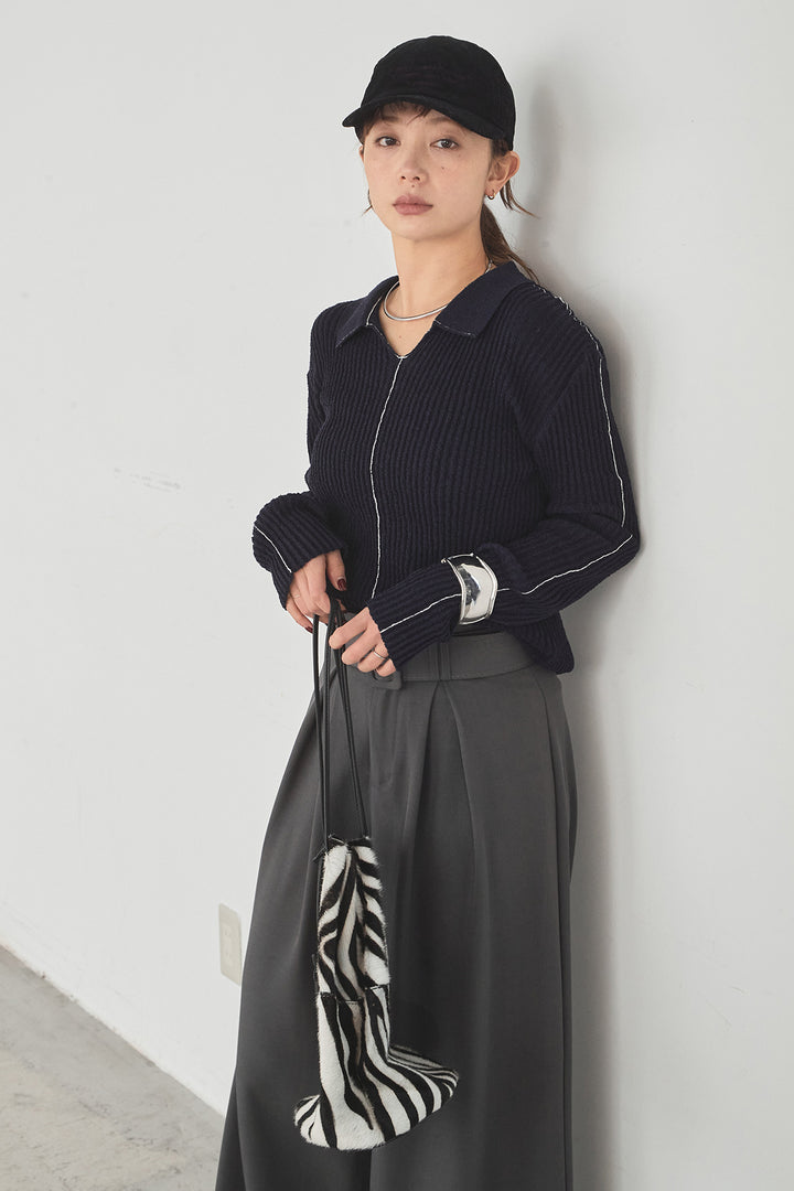 [SET]衿付きニットプルオーバー+ベルト付きツータックワイドパンツ(2set)