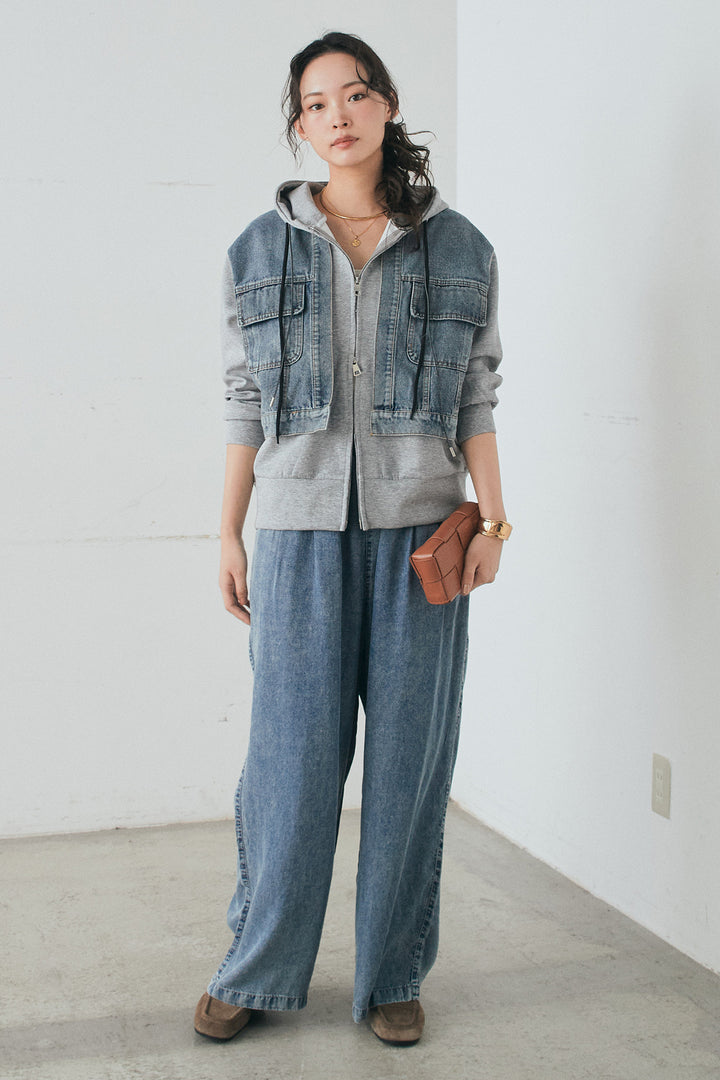 [SET]デニム切替ポンチダブルジップパーカー+テンセルデニムイージーワイドパンツ(2set)