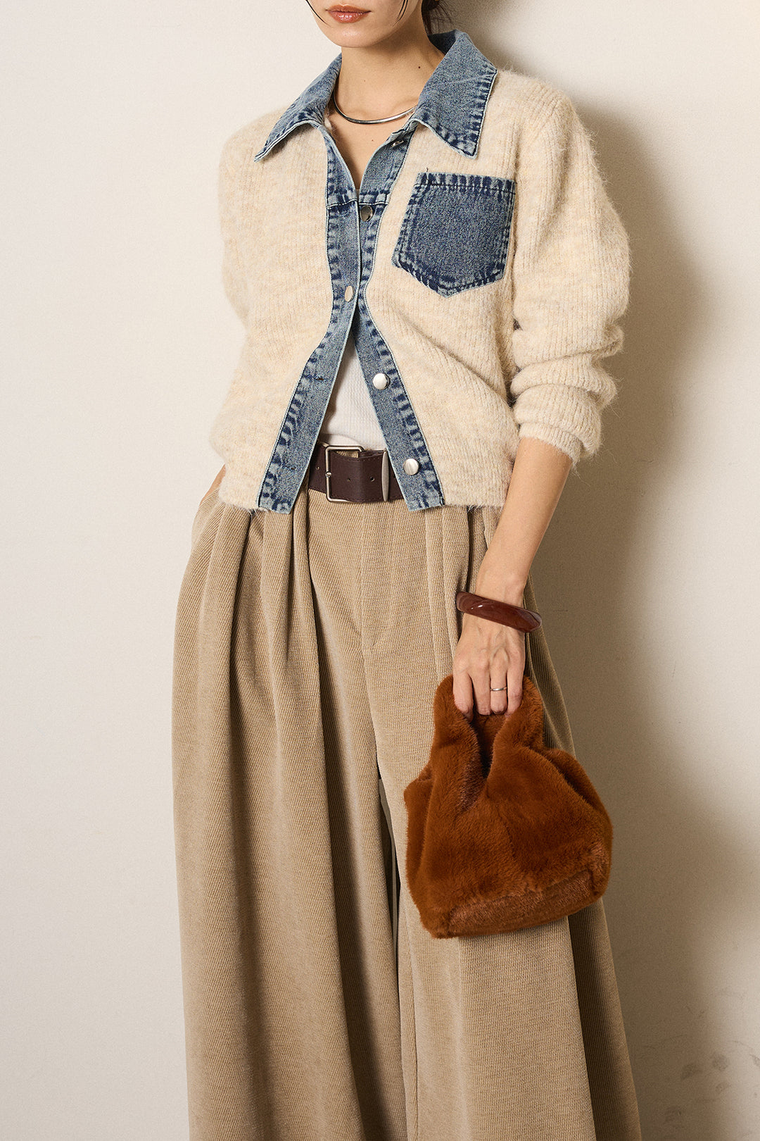 [SET]襟付きデニム切替ニットカーディガン+ベルトループコーデュロイワイドパンツ(2set)