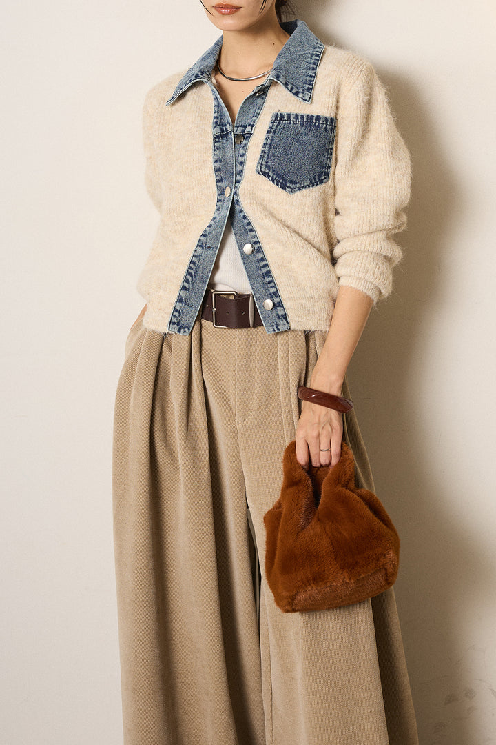 [SET]襟付きデニム切替ニットカーディガン+ベルトループコーデュロイワイドパンツ(2set)