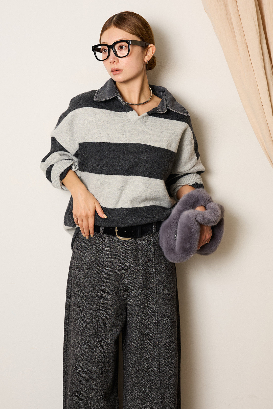 [SET]デニムカラーボーダールーズニット+太ベルト付きツイードワイドパンツ(2set)