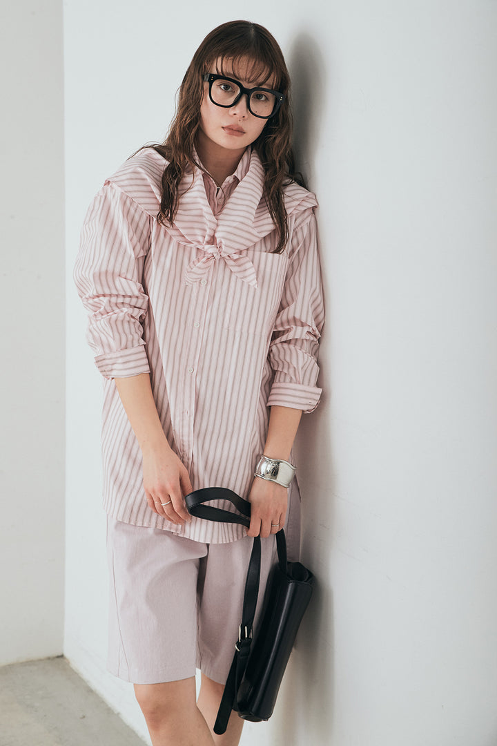 [SET]ランダムストライプスカーフ付きシャツ+デニムハーフパンツ(2set)