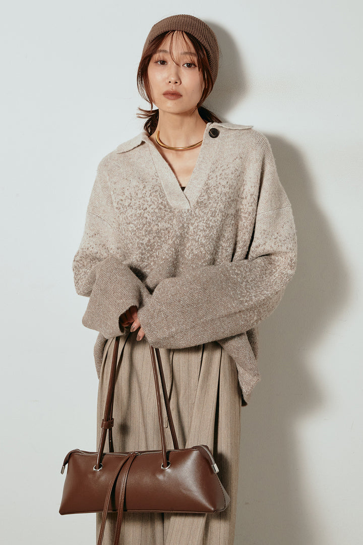 [SET]グラデーションラメニットキーネックプルオーバー+ストライプヘリンボーンパンツ(2set)