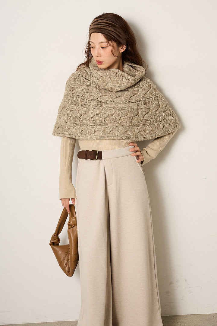 [SET]ケーブル編みケープレイヤードニット+サイドベルトパンツ(2set)