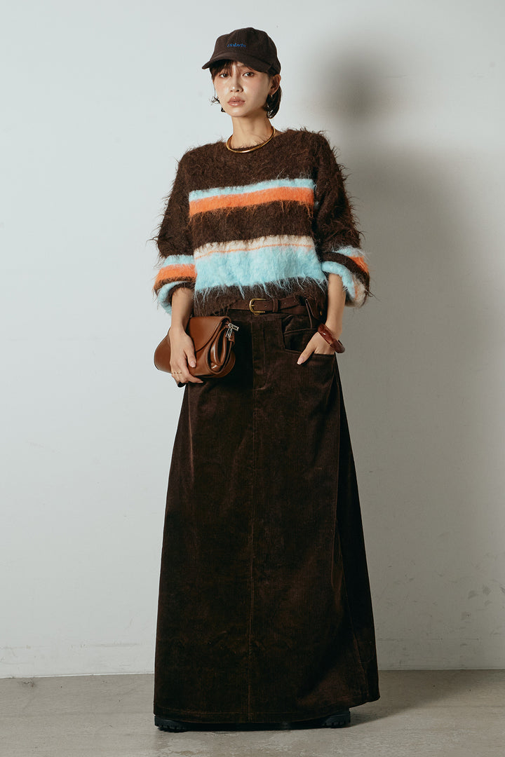 [SET]起毛配色マルチボーダーニットトップス+ポーチベルト付きコーデュロイワイドスカート(2set)