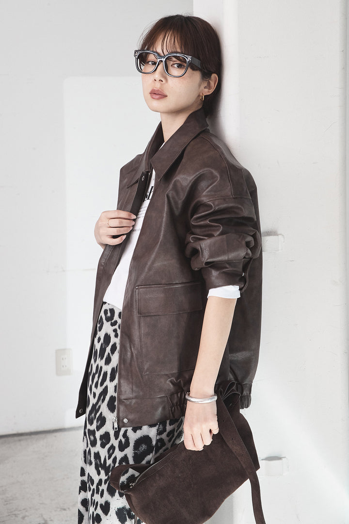 [SET]レザーライクオーバーサイズブルゾン+レオパードサテンナロースカート(2set)