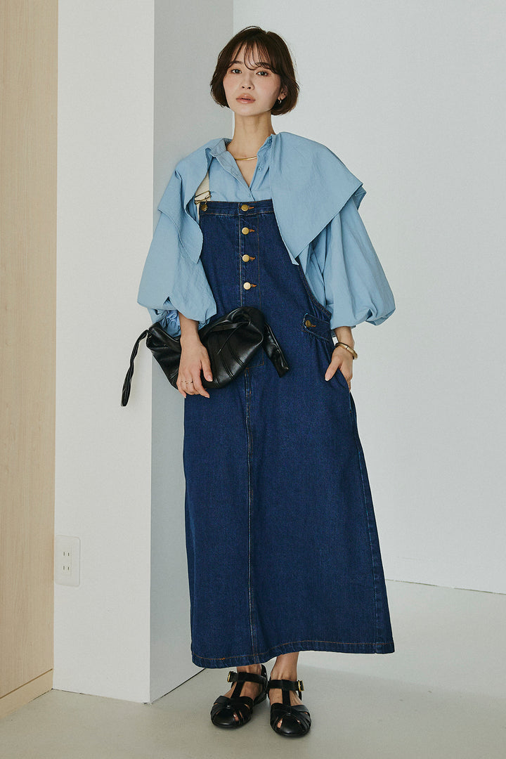 [SET]ケープカラーナイロンブラウス+配色ショルダーデニムサロペットスカート(2set)