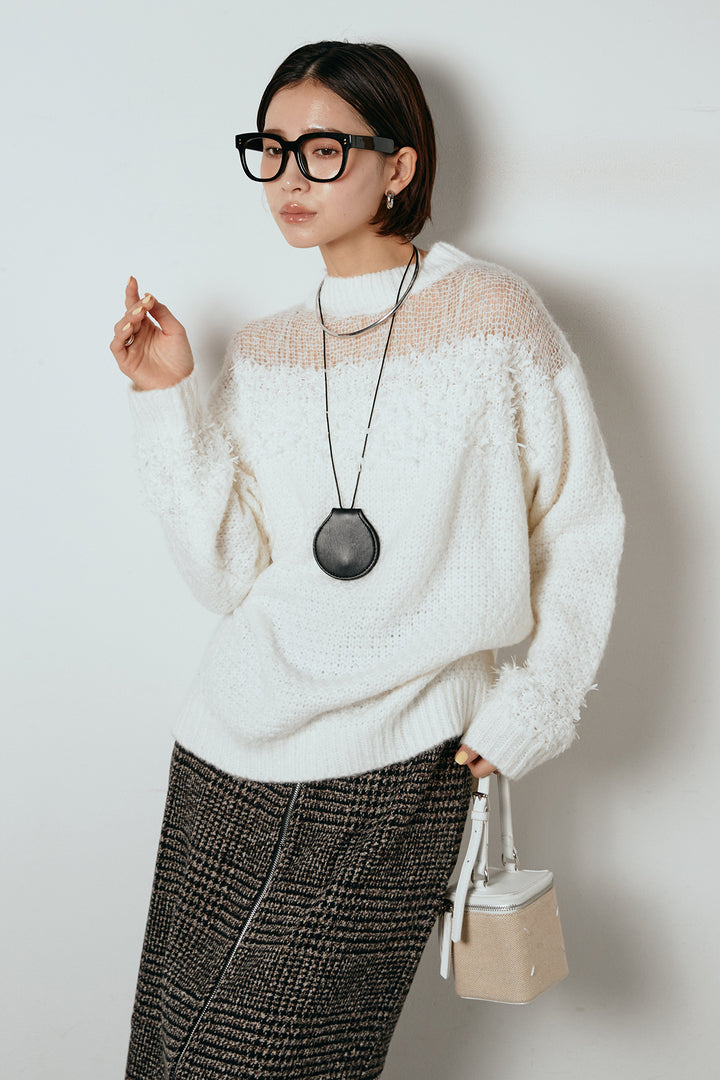 [SET]パターンランダム編みニットトップス+グレンチェック柄フロントジップタイトスカート(2set)