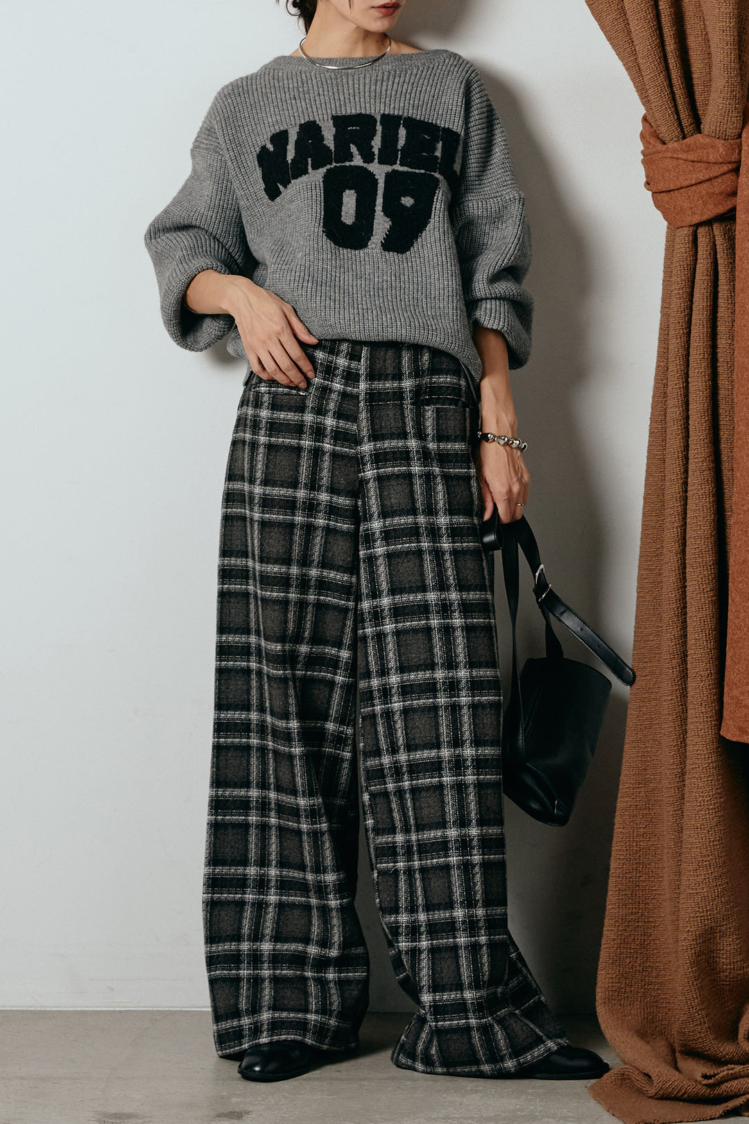 [SET]ロゴジャガードニットトップス+ルーズタータンチェックワイドパンツ(2set)