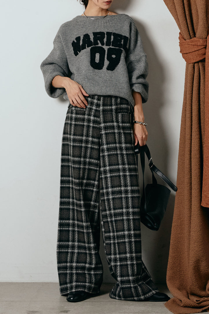 [SET]ロゴジャガードニットトップス+ルーズタータンチェックワイドパンツ(2set)
