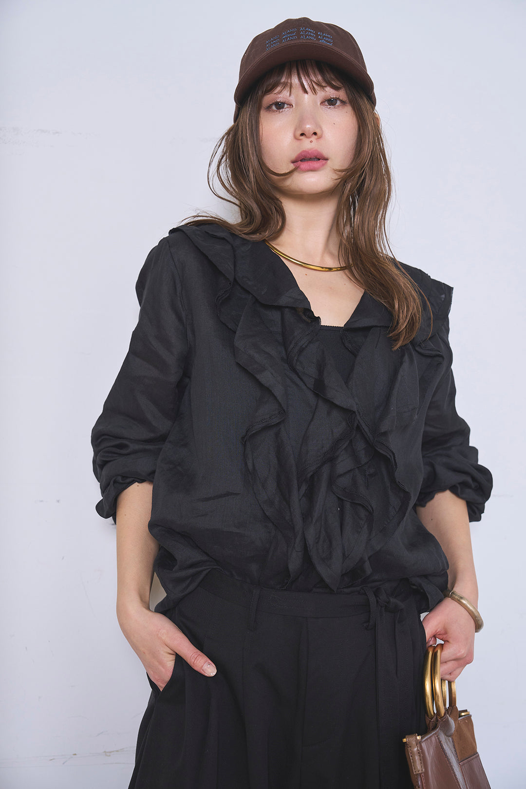 [SET]フリルボタンブラウス+紐ベルト付きカーブワイドパンツ(2set)