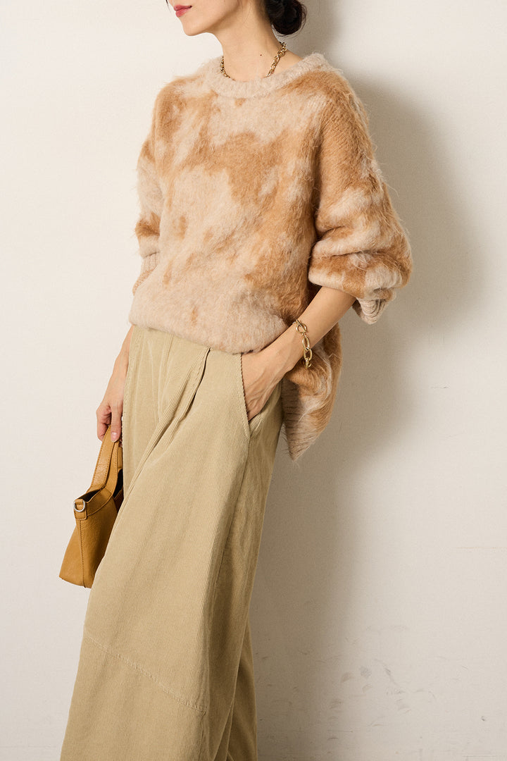 [SET]モヘアタッチマーブルニット+タック入りコーデュロイワイドパンツ(2set)