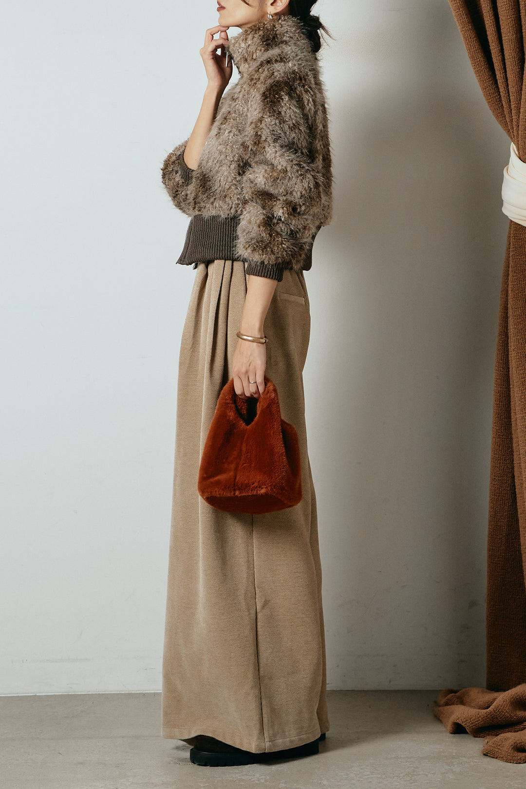 [SET]エコファースタンドカラーニュアンス柄ブルゾン+ベルトループコーデュロイワイドパンツ(2set)