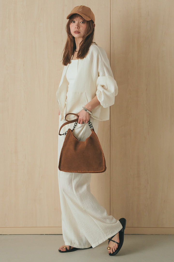 [SET]麻混ノーカラーブルゾン+麻混ウエストドロストパンツ(2set)