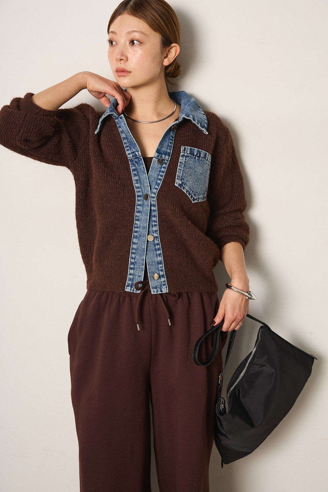 [SET]襟付きデニム切替ニットカーディガン+裏起毛スウェットワイドパンツ(2set)