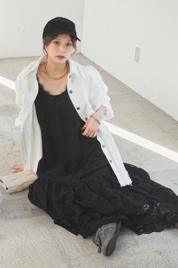 [SET]フリンジデニムジャケット+レース刺繍フレアキャミワンピース(2set)