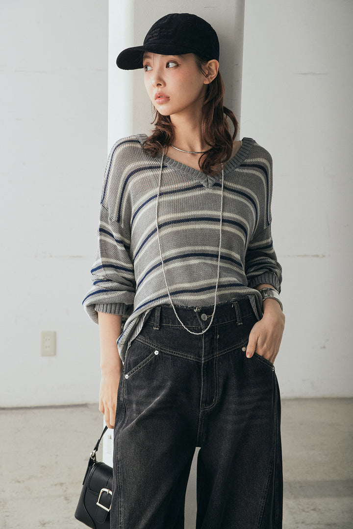 [SET]綿タッチVネックボーダートップス+デニムヨークパンツ(2set)