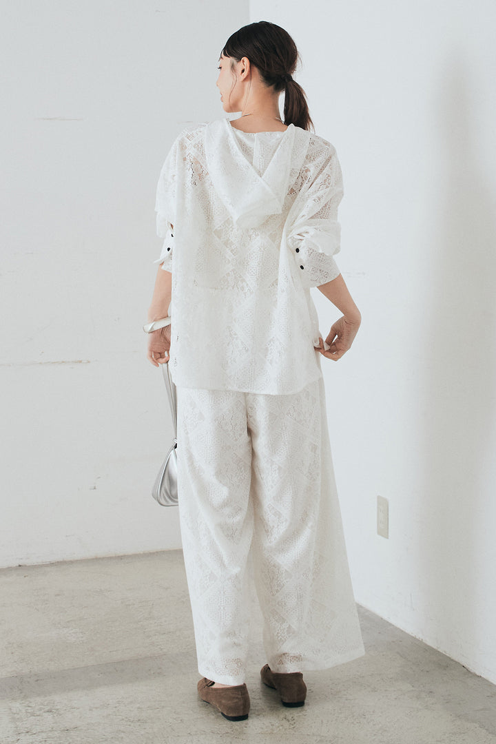 [SET]ブロックレースフード付きブラウス+リラックスブロックレースワイドパンツ(2set)