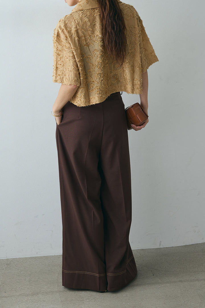 [SET]半袖オープンカラージャガード柄シャツ+ステッチデザインベルトワイドパンツ(2set)