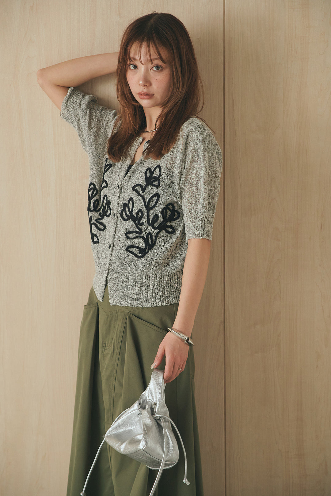 [SET]フロントテープデザイン半袖カーディガン+ミリタリーツイルタックフレアスカート(2set)