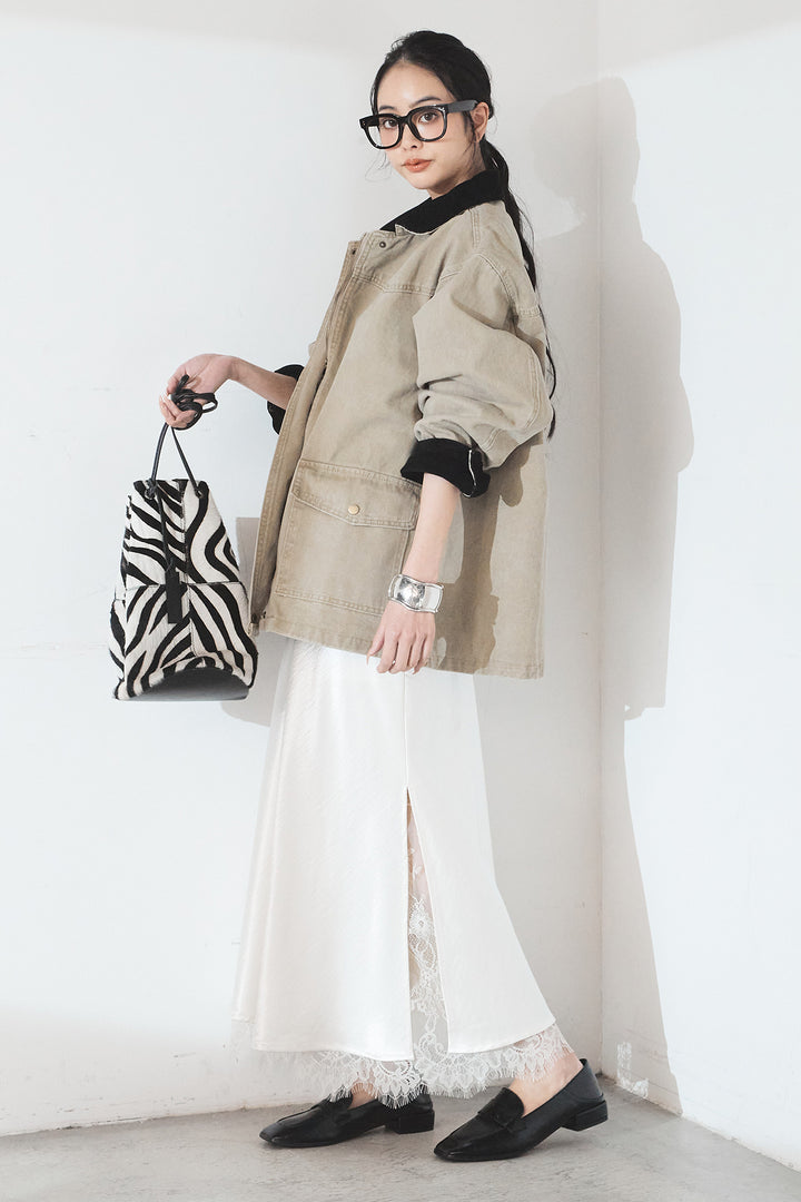 [SET]襟コーデュロイデザインデニム調カバーオール+裾レースデザインサテンスカート(2set)