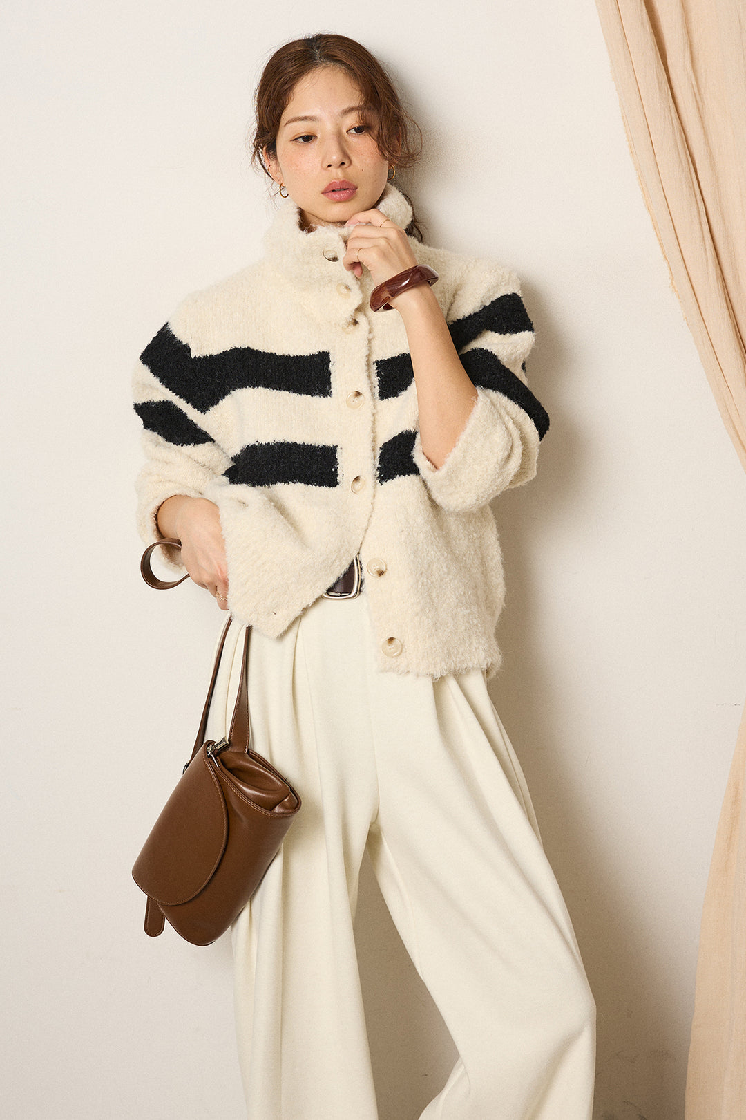 [SET]ハイネックボーダーニットカーディガン+フェイクレザー太ベルト付きタックワイドパンツ(2set)