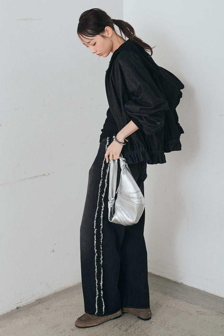 [SET]袖シャーリング裾フリルデニムブルゾン+デニムサイドフリルパンツ+ストレッチレースフーディサムホールプルオーバー(3set)