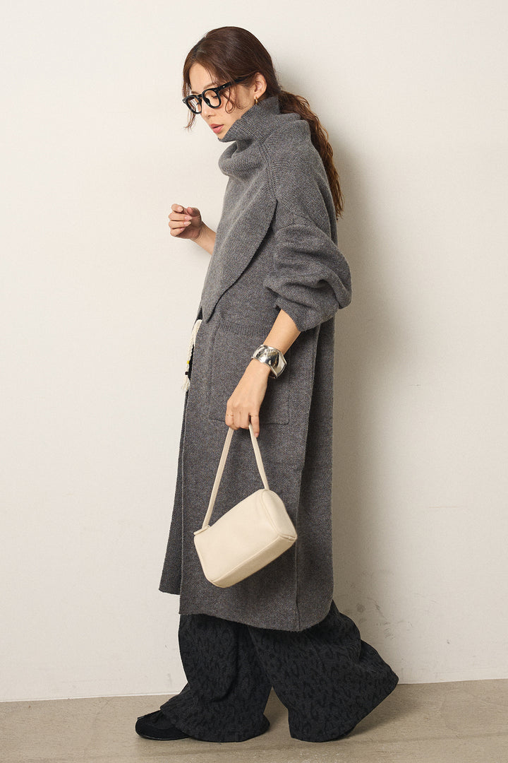 [SET]ケープレイヤードロングカーディガン+レオパードジャガードニットパンツ(2set)