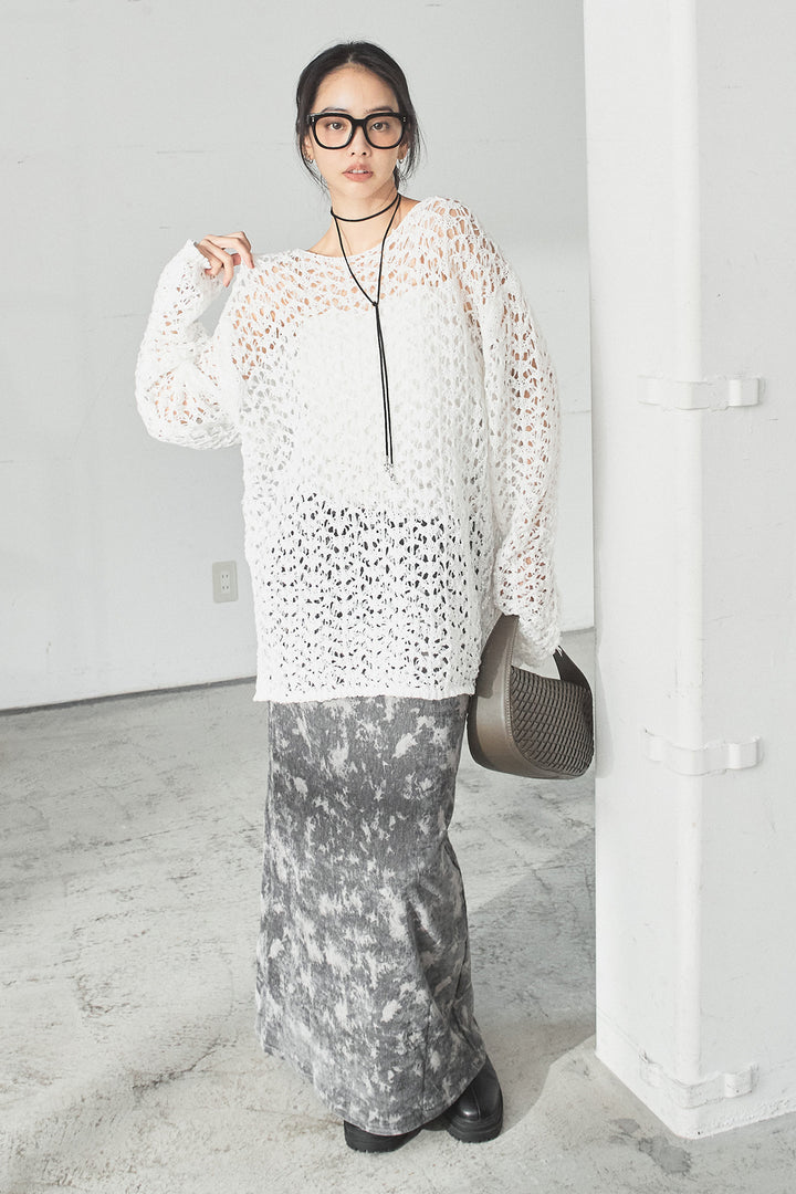 [SET]リラックスメッシュニットトップス+タイダイ柄ベロアワイドスカート(2set)