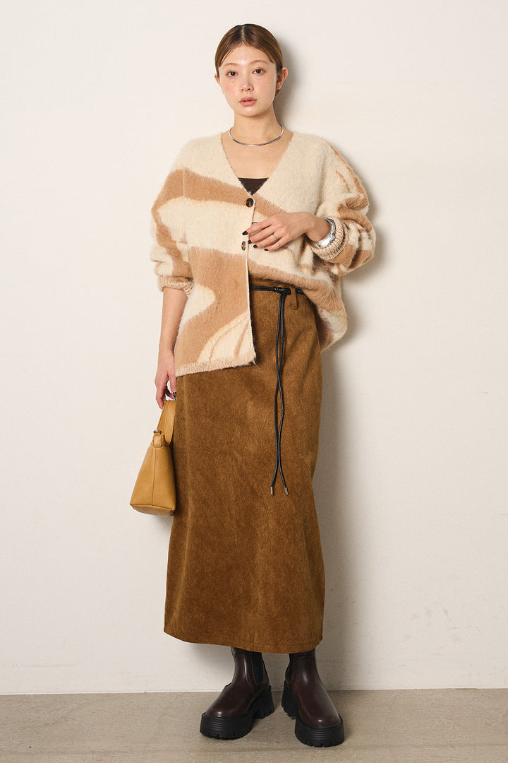 [SET]アクセントブラッシュドカーディガン+ロープベルト付きスウェード調スカート(2set)