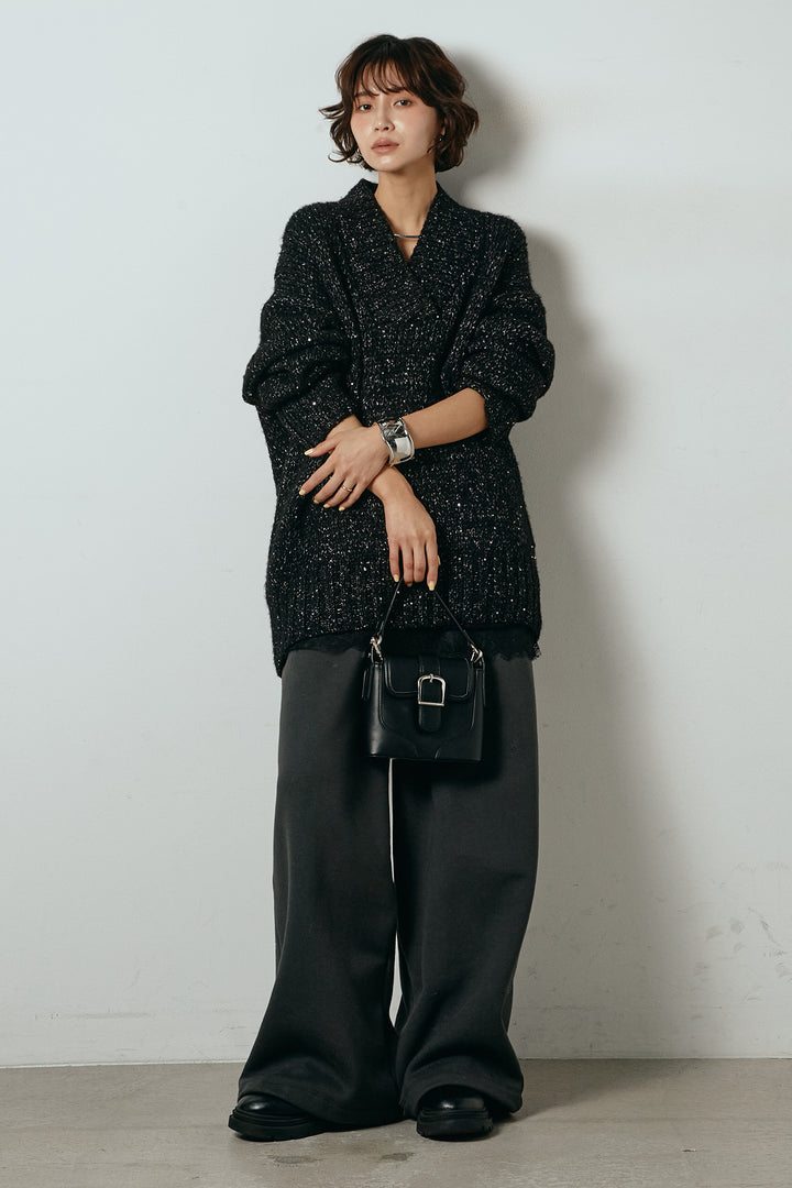 [SET]Vネックラメニットトップス+裏起毛スウェットワイドパンツ+レース切り替えキャミソール(3set)