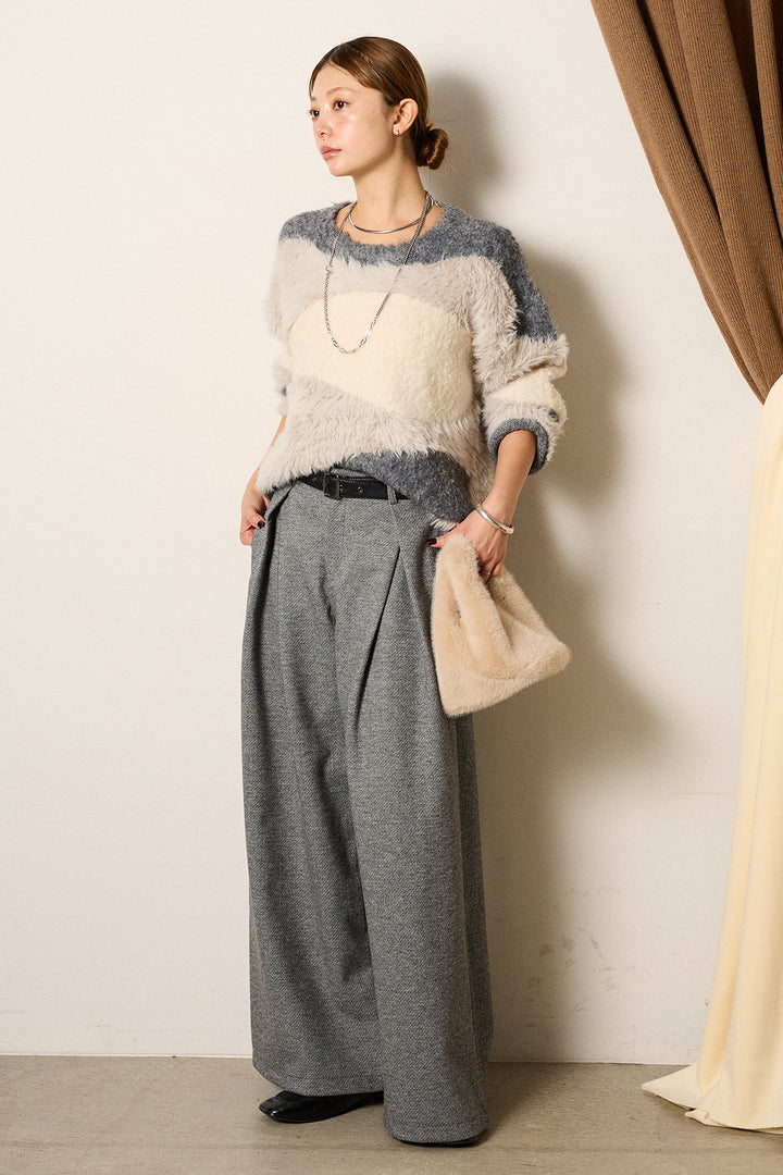 [SET]シャギーウェーブ柄クルーネックニットトップス+細ベルト付き起毛タックワイドパンツ(2set)