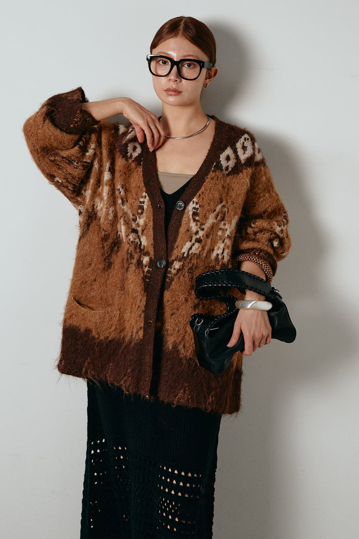 [SET]シャギーニュアンス柄ニットカーディガン+裾透かし編みキャミソールニットワンピース(2set)