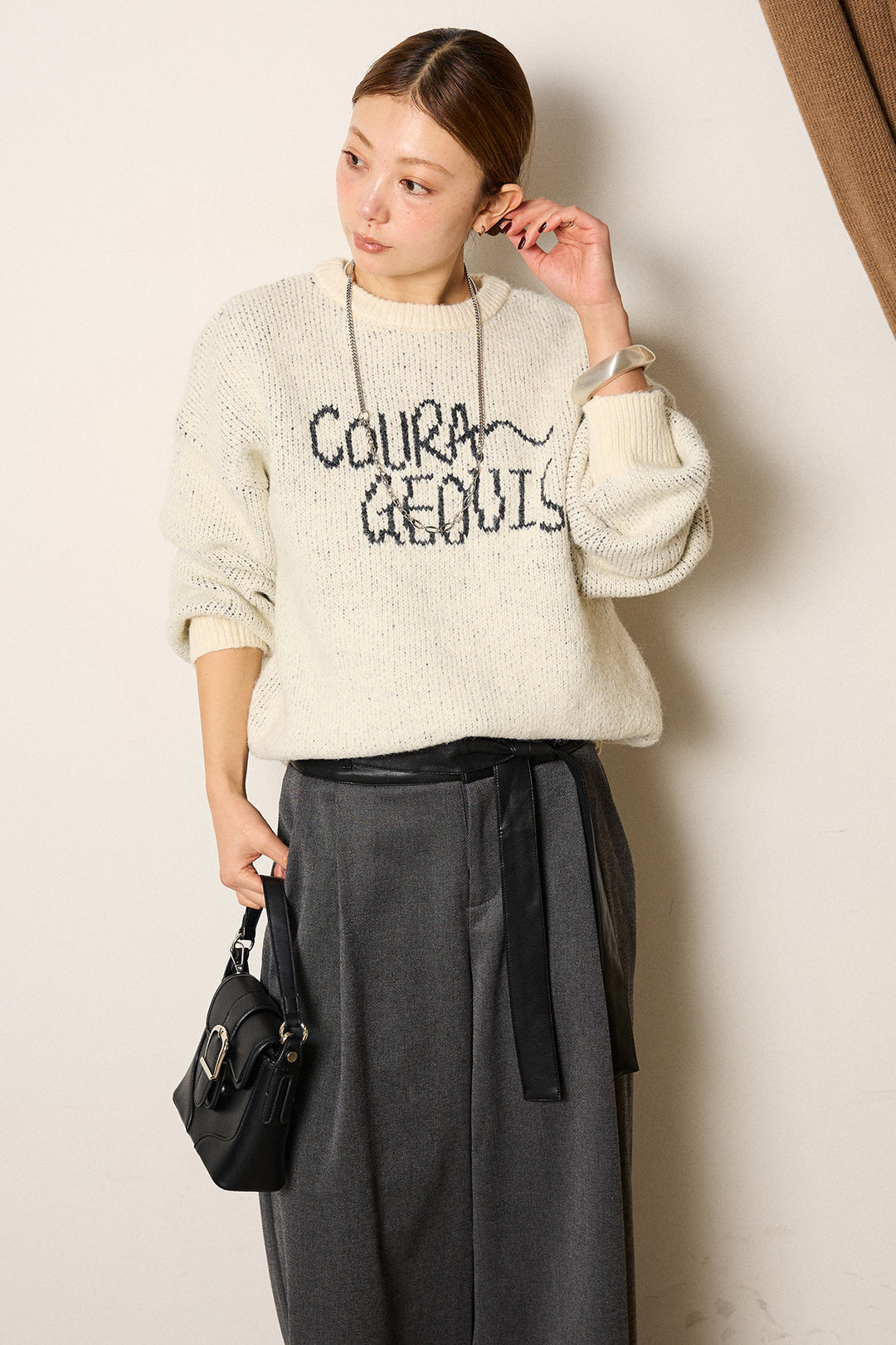 [SET]ロゴシャギーニットプルオーバー+巻ベルトウエストレザーライクワイドパンツ(2set)