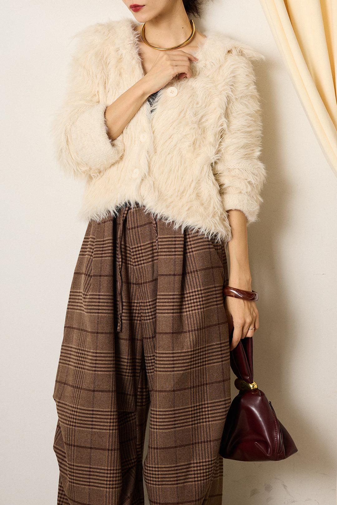 [SET]襟付きシャギーニットカーディガン+グレンチェックルーズタックパンツ(2set)