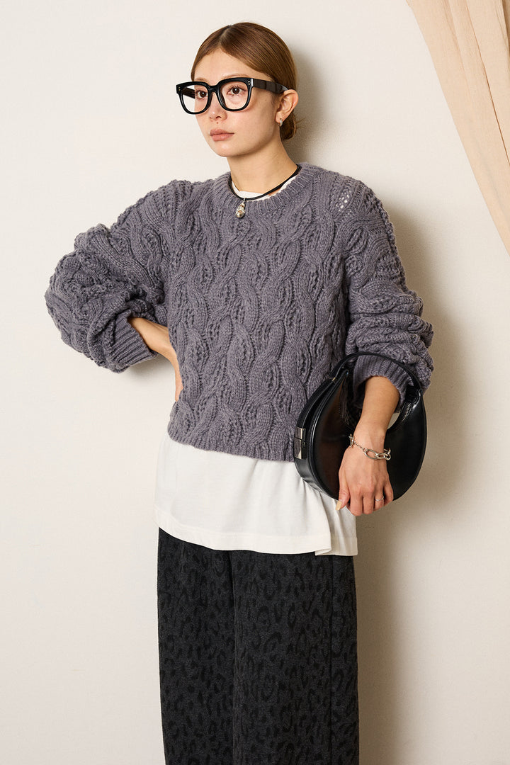 [SET]ケーブルリラックスショートニット+箔プリントBIGシルエットロングスリーブTシャツ+レオパードジャガードニットパンツ(3set)