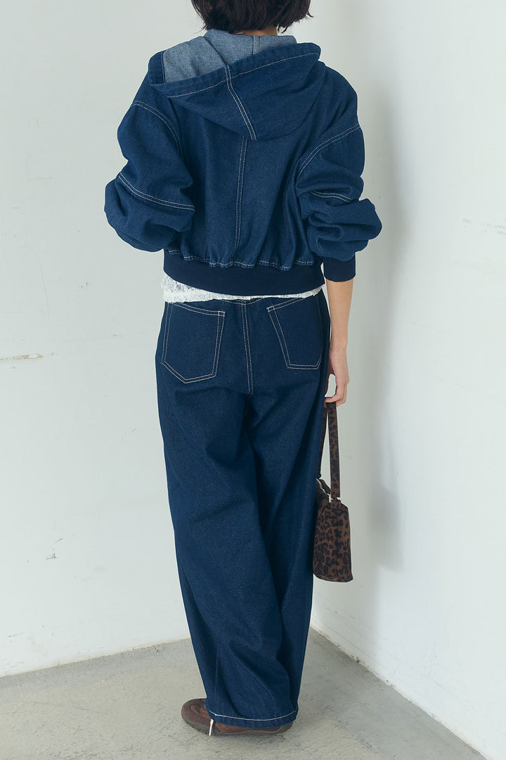 [SET]デニムダブルジップパーカーブルゾン+デニムタックカーブパンツ(2set)