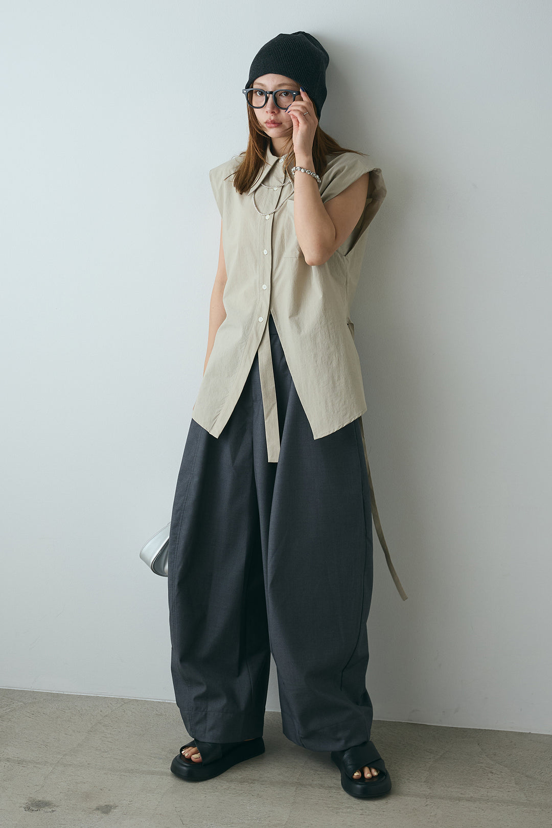 [SET]ノースリーブ紐垂らしシャツ+ビッグシルエットワイドパンツ(2set)