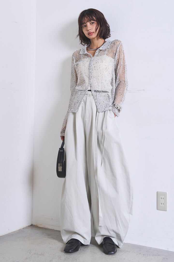 [SET]ネップメッシュポロ襟カーディガン+紐ベルト付きカーブワイドパンツ(2set)