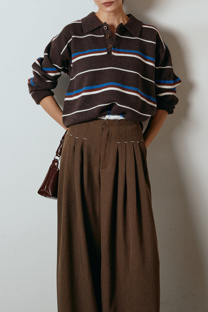 [SET]襟付きマルチボーダーニットポロトップス+ウエストステッチデザインワイドスラックス(2set)