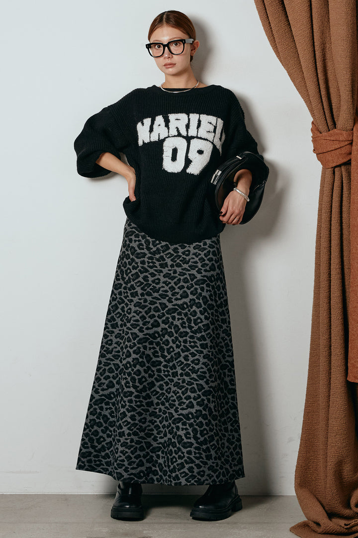 [SET]ロゴジャガードニットトップス+レオパードロングスカート(2set)